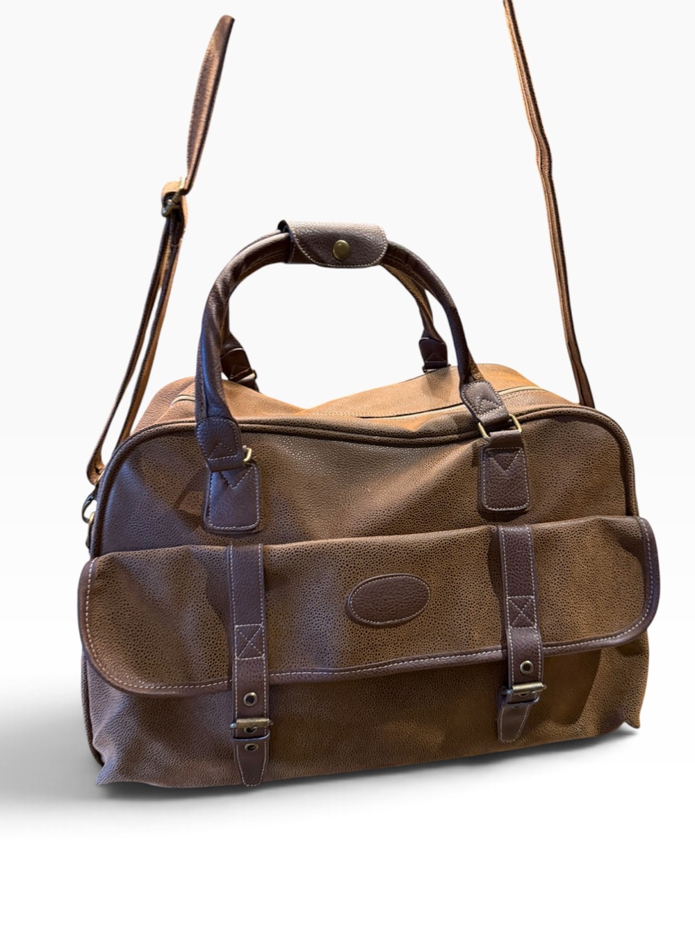 Brown Pebble Grain Faux Leather Shoulder Travel Bag